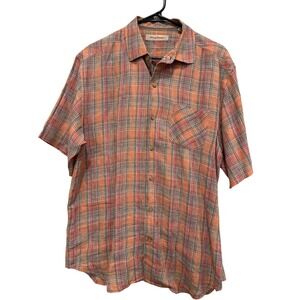 Tommy Bahama Mens Medium Short Sleeve Plaid Button Up Shirt 100% Linen Spring